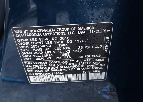 2021 Volkswagen Atlas 3.6L V6 Se W/Technology from USA, damaged, VIN 1V2JR2CA7MC548347